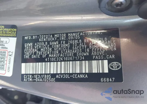 2006 Toyota Camry Le z USA, uszkodzony, nr VIN 4T1BE32K16U671734